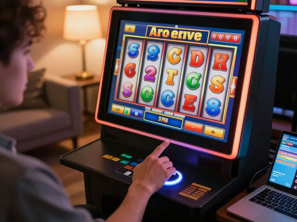 Engaging with slot online action while pressing the spin button on a colorful game interface.