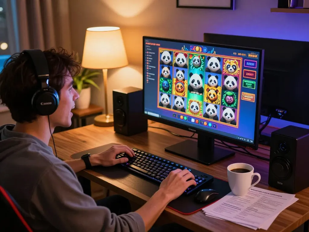 Panda win menunjukkan pemain yang terlibat dalam permainan slot online di rumah dengan pengaturan desktop, cangkir kopi, dan catatan strategi.