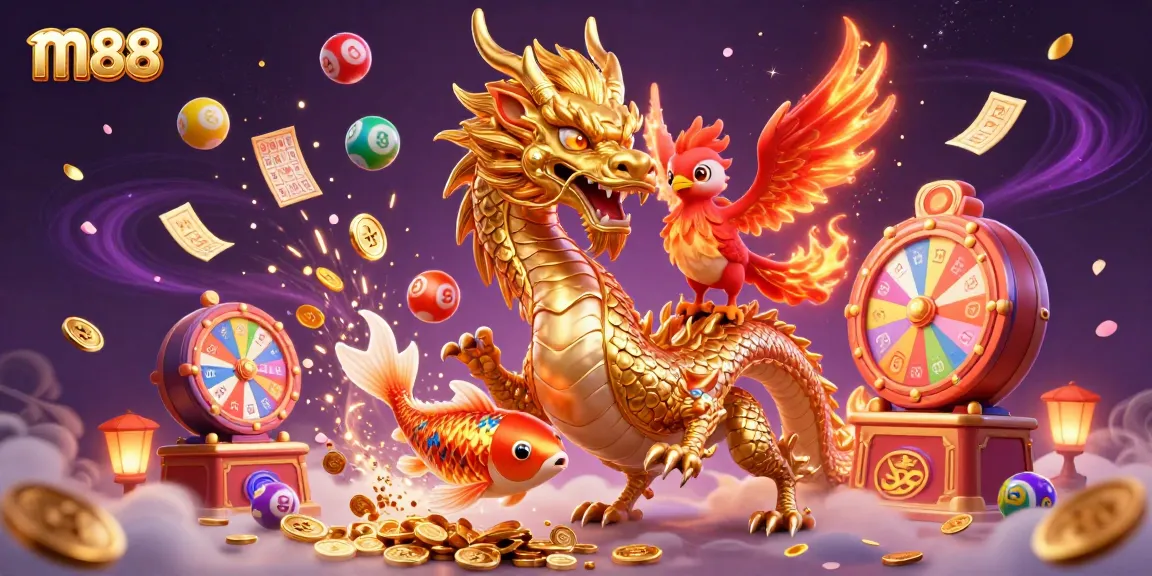 Join the thrilling m88 experience with a golden dragon and phoenix amidst shimmering lottery elements.