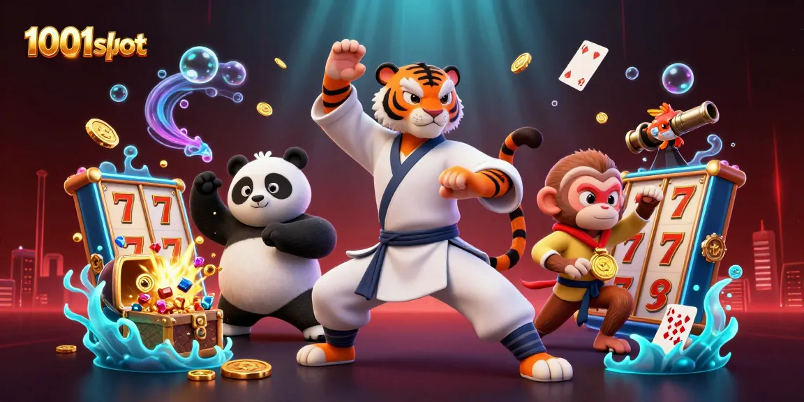 Engage with 1001slot's dynamic gaming scene featuring kung fu characters and vibrant casino elements.