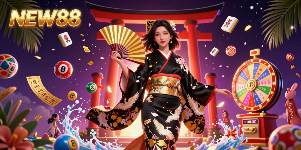 Experience thrilling gameplay at NEW88 with vibrant lottery balls and a stunning casino atmosphere.