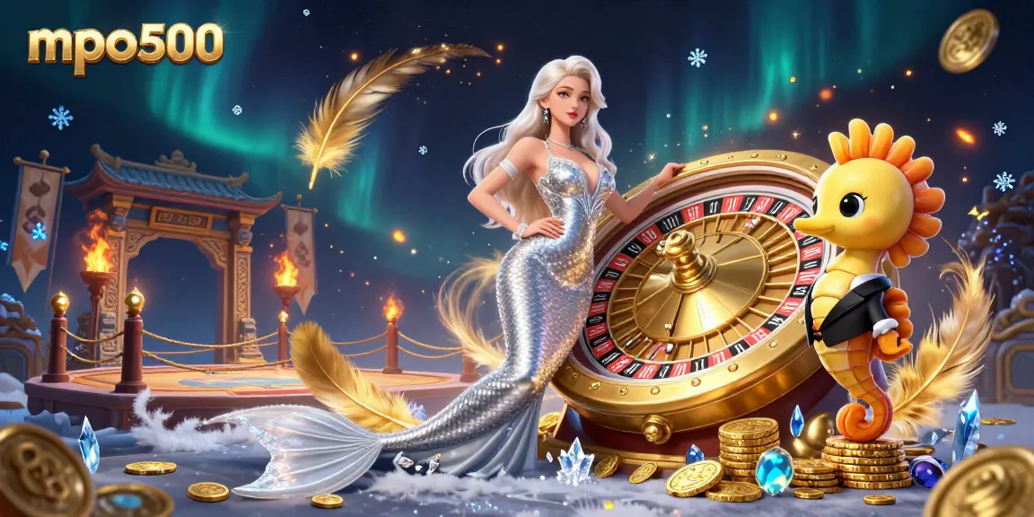 Engage with mpo500 in a vibrant casino scene featuring a mermaid, roulette wheel, and seahorse.