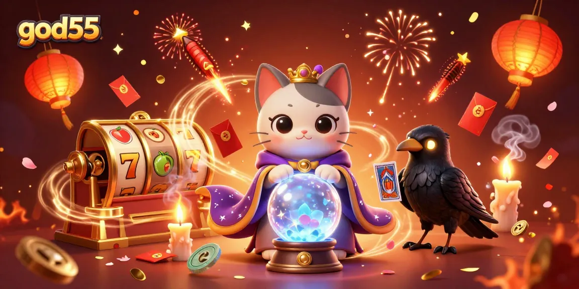 Experience thrilling wins at god55 in a vibrant, packed 3D casino scene with mystical characters and exciting game elements.