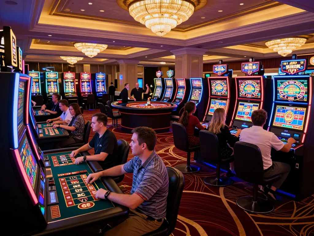 Players enjoying slot games at LGOLUX casino, capturing excitement and vibrant atmosphere