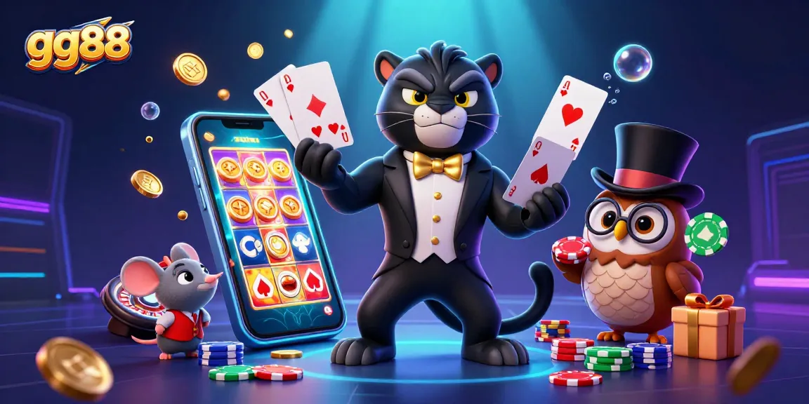 Experience thrilling gameplay at gg88 with a stylish panther dealer, festive poker chips, and exciting casino elements.