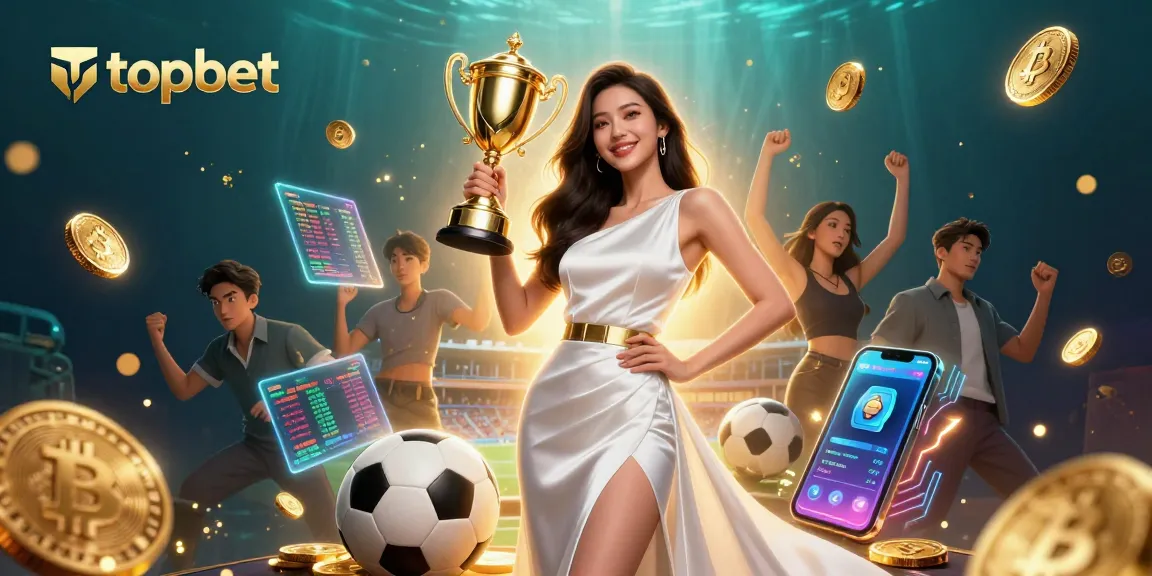 Win big with topbet at this vibrant celebratory casino scene featuring sports betting elements.