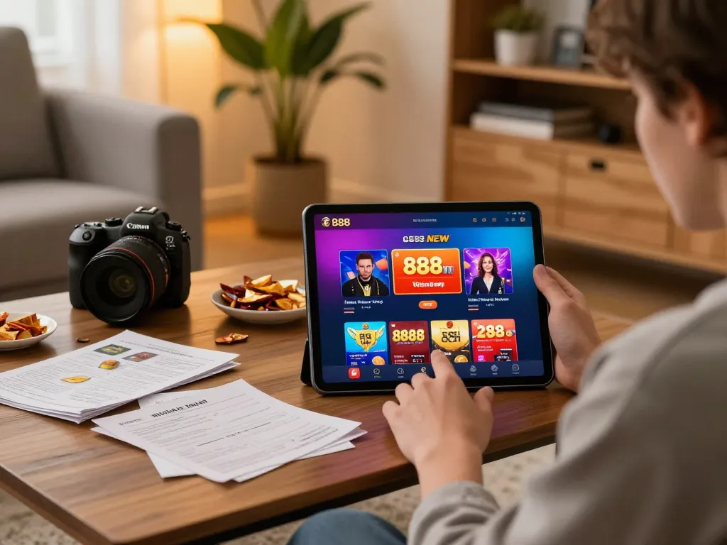 Engaged user exploring 888NEW casino app on tablet in cozy home setting, blending entertainment and strategy