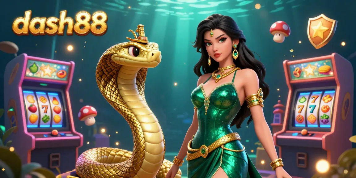 Experience the thrill of dash88 with a stunning woman in an emerald gown and a golden cobra amid vibrant gaming elements.