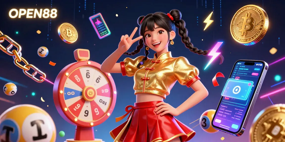 Experience thrilling wins at OPEN88 with an exciting scene of gaming and fun, featuring a lively character.