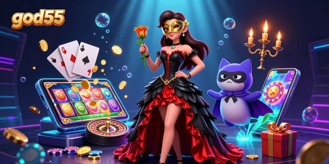 Experience the excitement of god55 casino with a glamorous scene featuring stunning characters and vibrant slot games