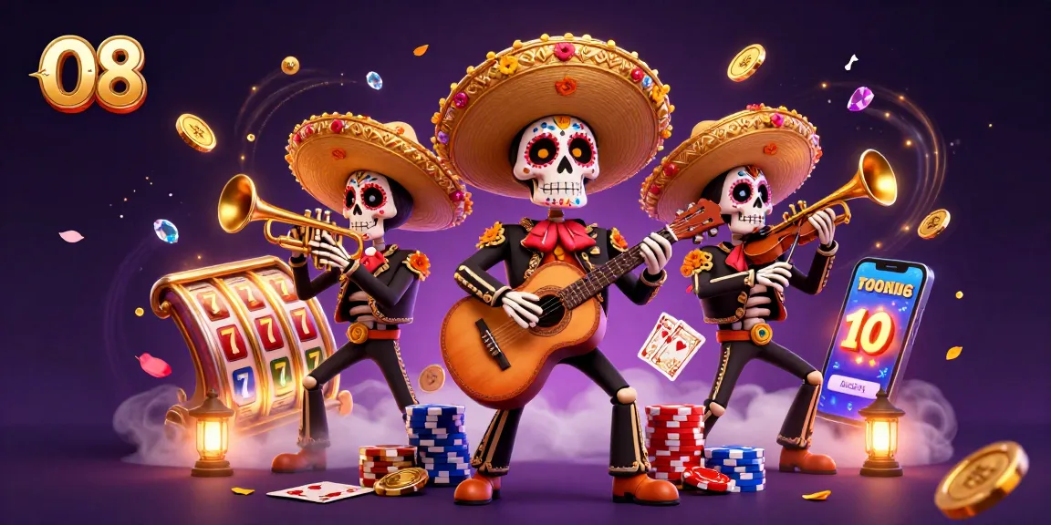Experience thrilling jackpots and vibrant casino action with O8's cartoon mariachi band amidst golden coins and slot wins.