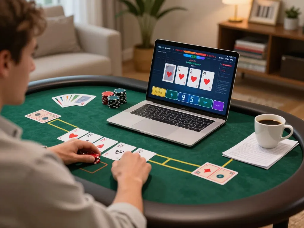 Player enjoying LGOLUX poker game on laptop with strategy notes and cozy atmosphere