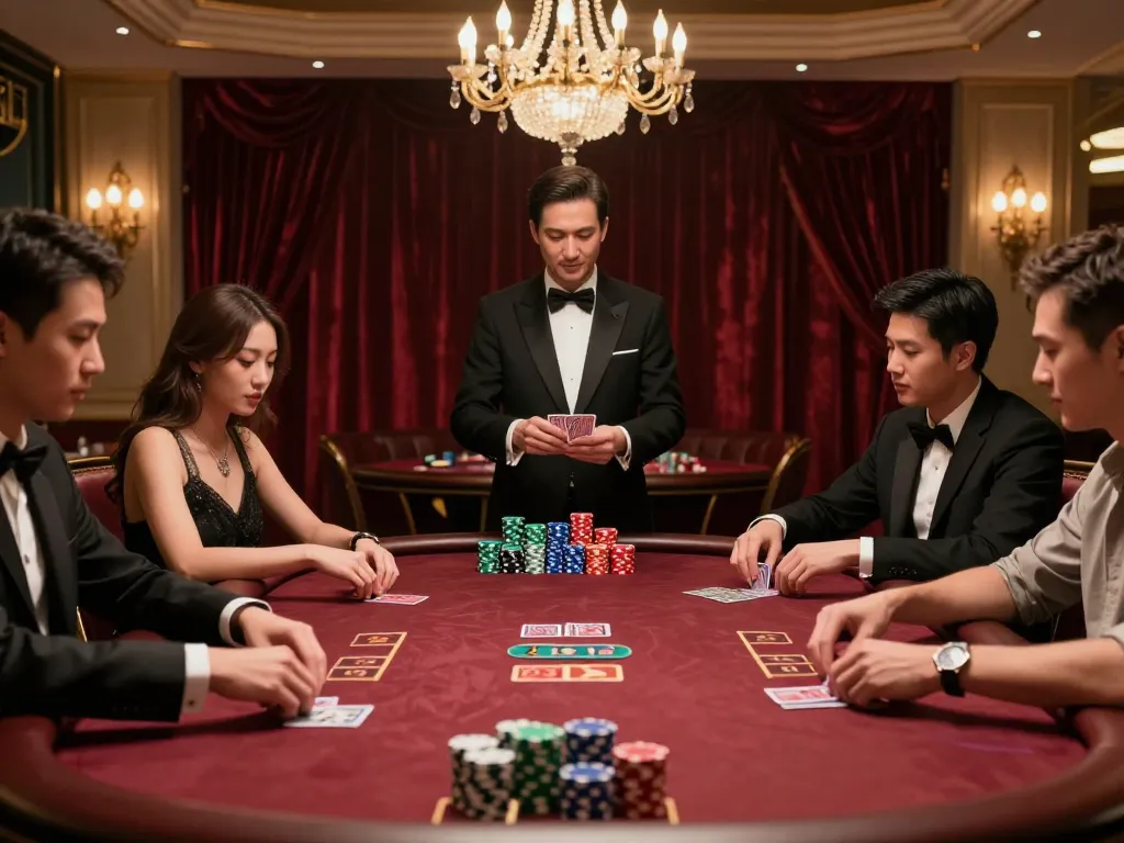 MM88 high-stakes poker game showcasing engaged players, vibrant chips, and an elegant casino atmosphere.
