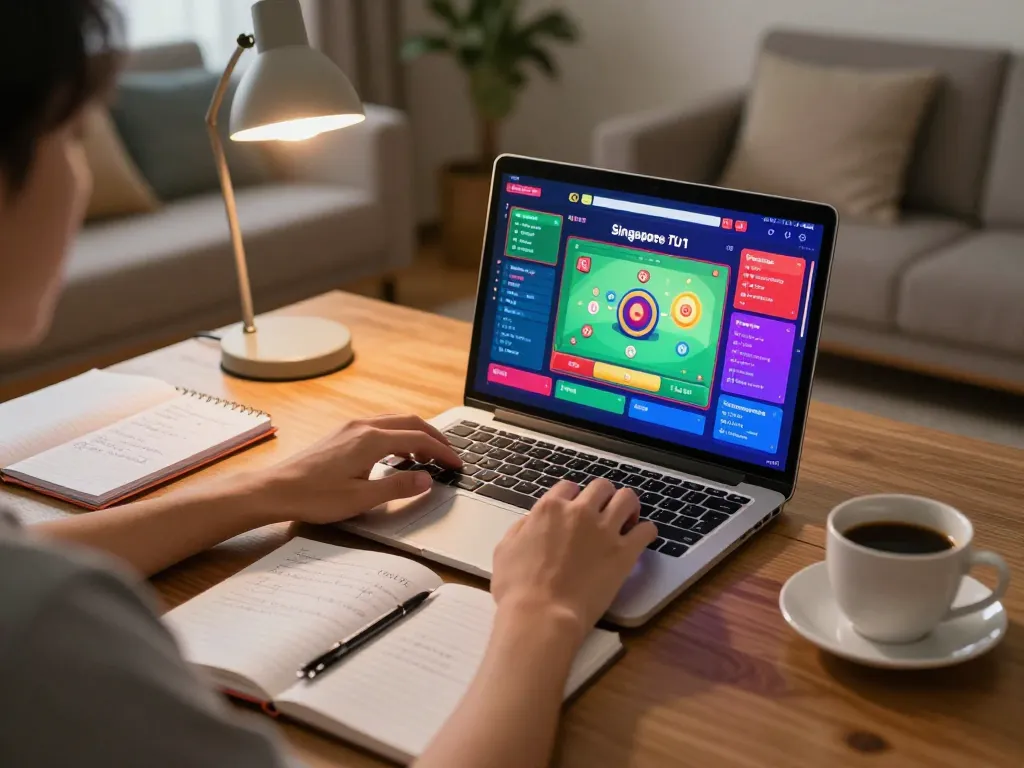 Togel sgp online gaming setup with a player using a laptop in a cozy living room