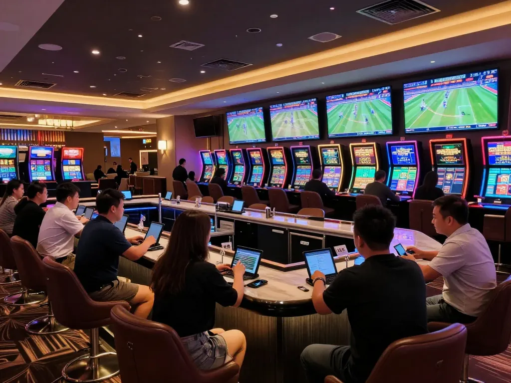 Net88 players enjoying lively sports betting atmosphere in a modern casino lounge