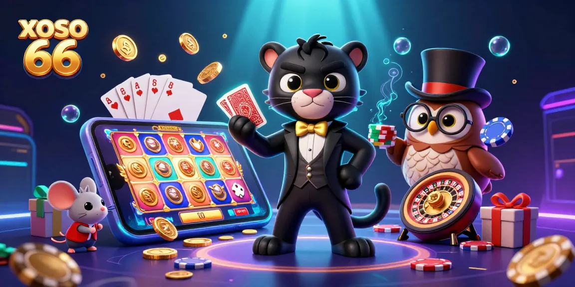 Engage with xoso 66 in a vibrant casino setting filled with colorful games and lucky characters.