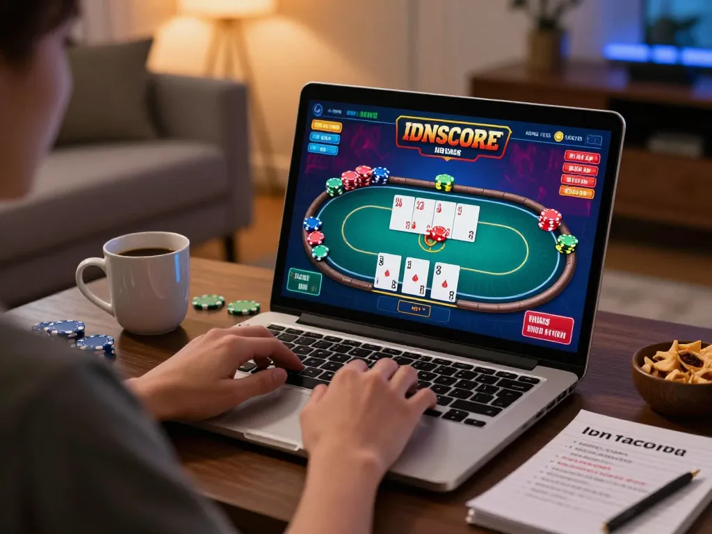 IDNSCORE player enjoying an engaging poker game in a cozy home setup with strategic notes.