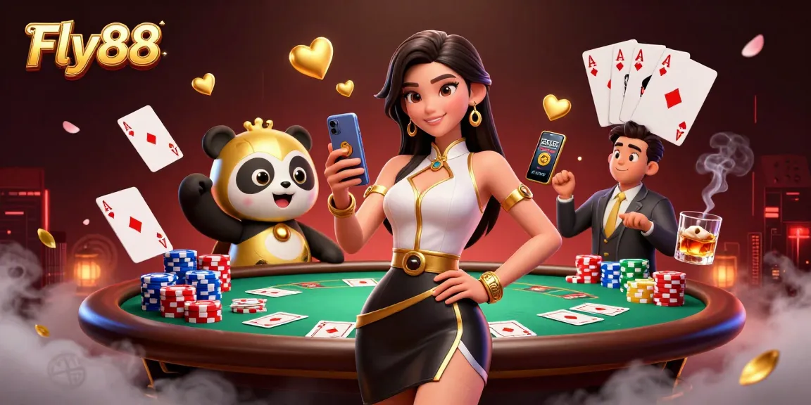Engage with Fly88 in dynamic gaming action, featuring vibrant casino elements and characters.