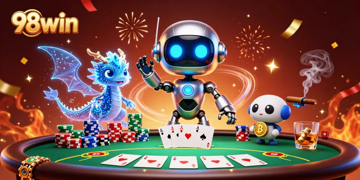 Engage with 98win in an electrifying poker scene featuring a vibrant 3D cyberpunk robot mascot.