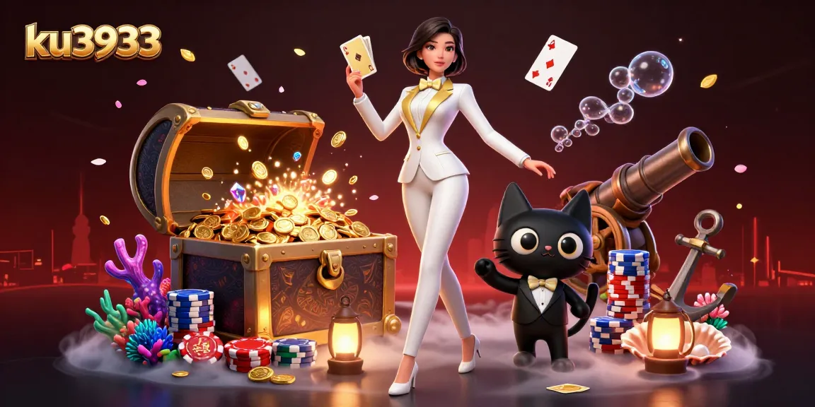 Shuffling cards in a vibrant casino scene with ku3933, featuring glamorous characters and treasures.