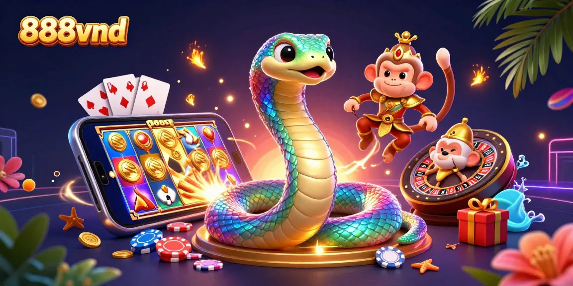 Spin the reels at 888vnd while enjoying vibrant casino elements in a magical, 3D illustration.