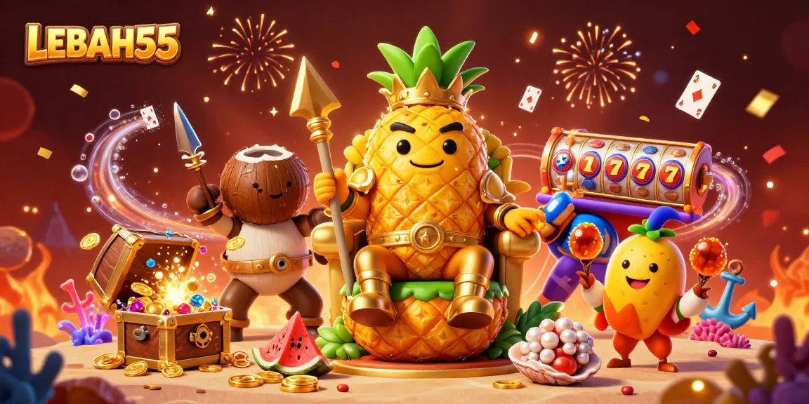 Experience LEBAH55 with a vibrant 3D illustration showcasing a casino-themed beach adventure.