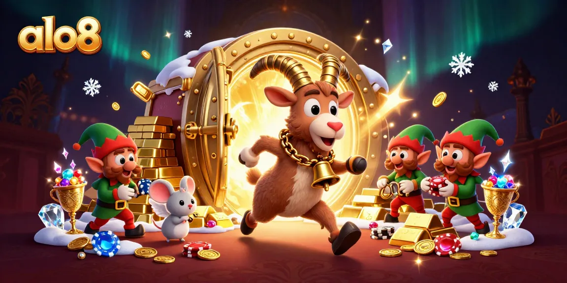 Win big at the alo8 casino with a vibrant scene of festive characters and treasure.