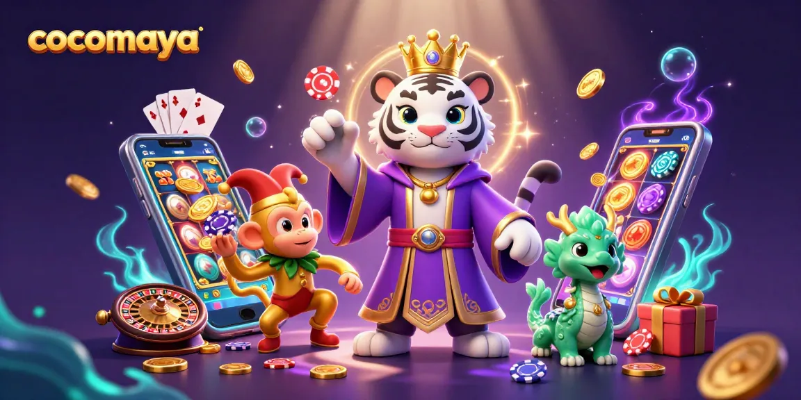 Experience excitement at cocomaya casinos as characters engage with vibrant slot games and thrilling poker chips.
