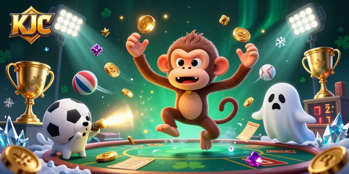 KJC showcases an exciting gambling atmosphere with dynamic 3D visuals of coins, sports balls, and cartoon characters in a vibrant casino.