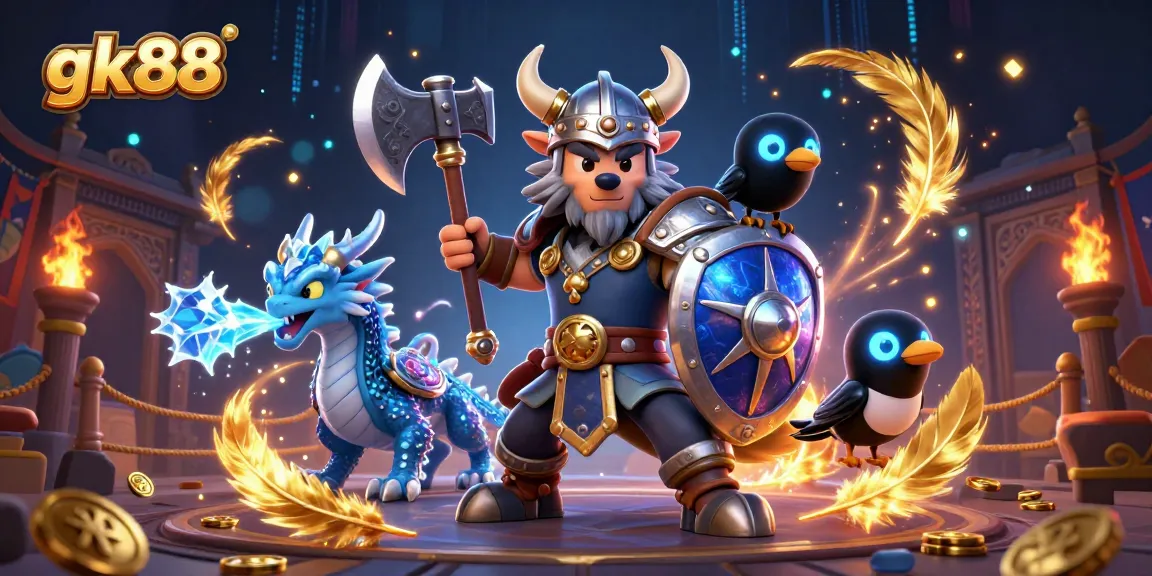 gk88 Viking wolf warrior battling alongside a dragon in a vibrant, dynamic casino scene.