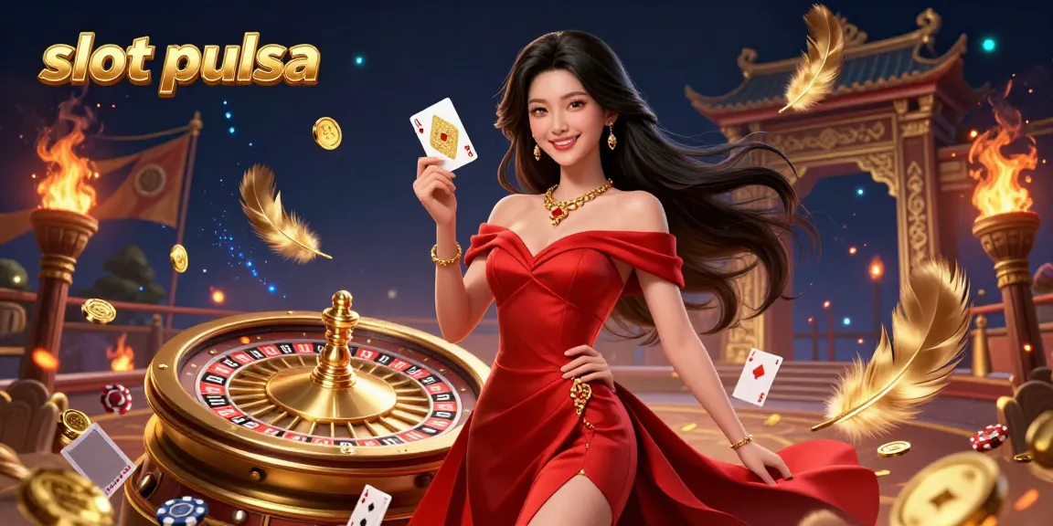 Engage in exciting slot pulsa gameplay with a beautiful Asian woman and golden casino elements.