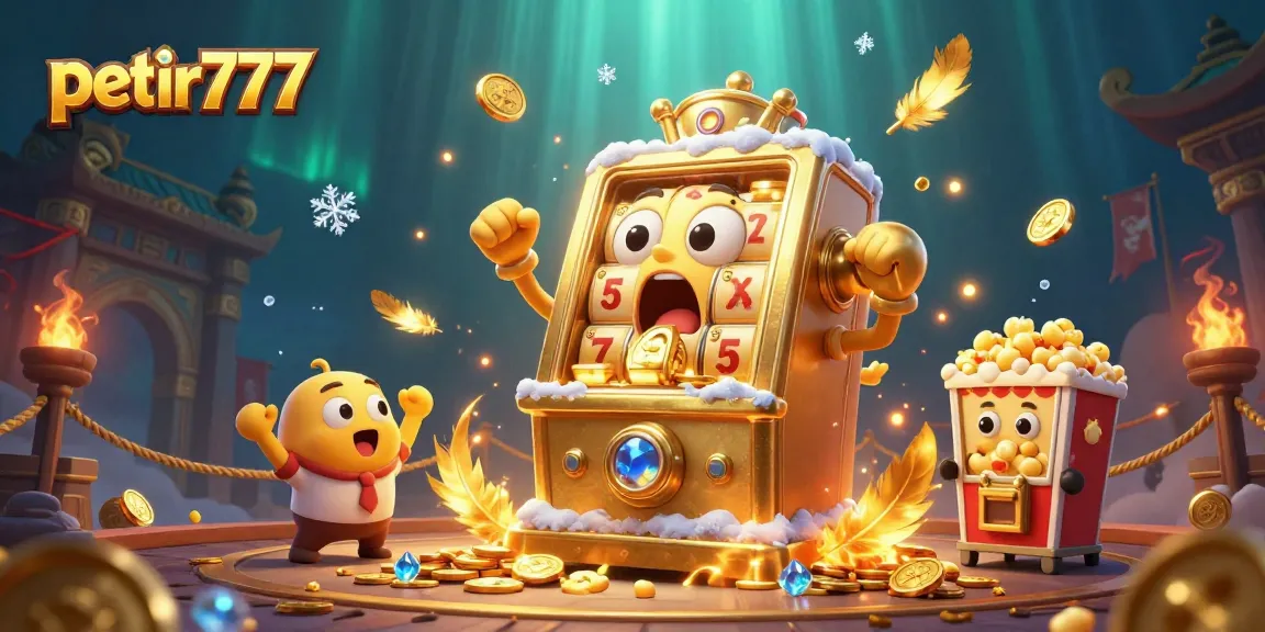 Experience the excitement of petir777 with golden slot machine jackpots and cheering characters.
