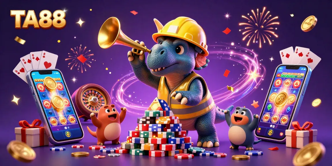 Celebrate with TA88 as a triceratops builds poker chip pyramids amidst casino elements.