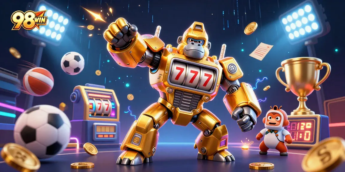 Engage with thrilling gameplay at 98WIN, featuring a dynamic 3D illustration of a golden gorilla mech and sports elements.