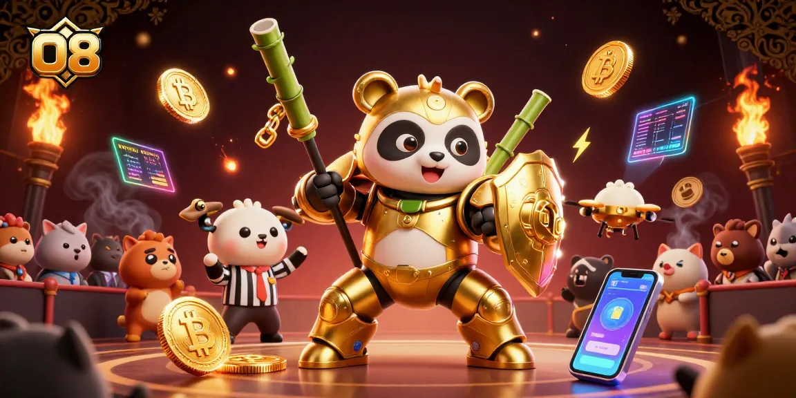 Engage with O8 in a vibrant casino scene featuring a golden panda mech battling for crypto jackpots, interactive elements abound.