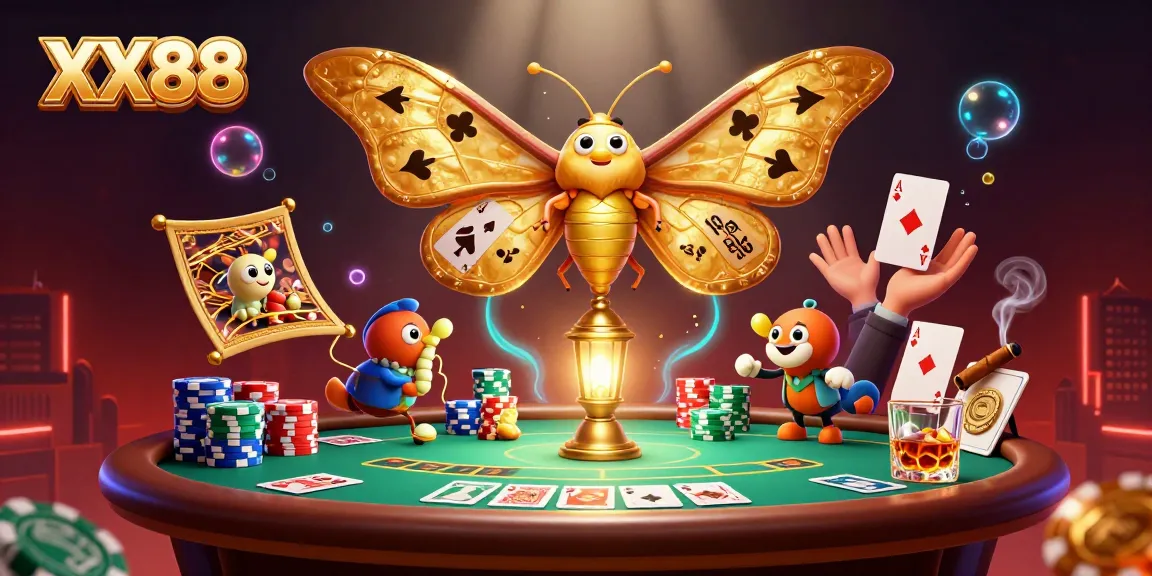 Experience the thrill of XX88 with a dazzling casino scene, featuring vibrant poker elements and an enchanting atmosphere.