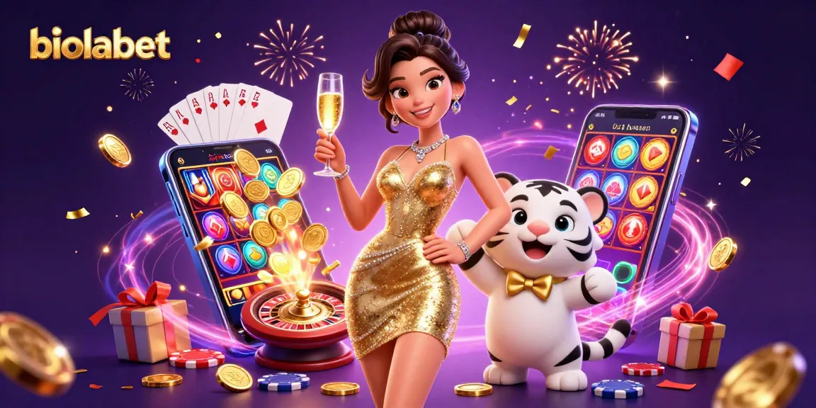 Main slot dan menang dengan biolabet, menampilkan seorang wanita glamor dan harimau keberuntungan di tengah elemen kasino.