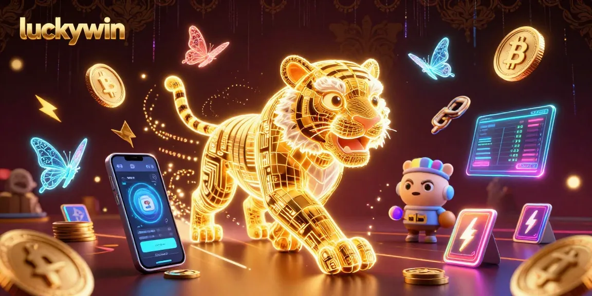 Experience thrilling action at luckywin's digital casino with a glowing golden tiger and crypto elements.