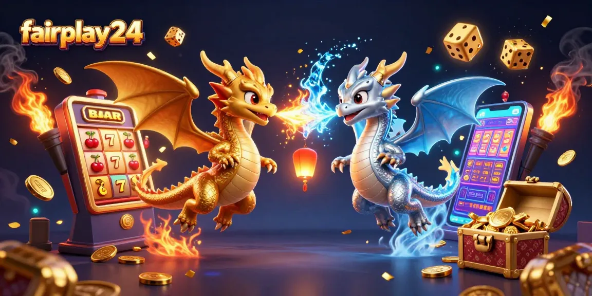 Experience thrilling wins with fairplay24's dynamic casino scene featuring golden slot machines and colorful game elements.
