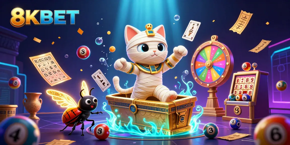 Experience the thrilling world of 8KBET with an animated scene of a mummy cat, treasures, and games.