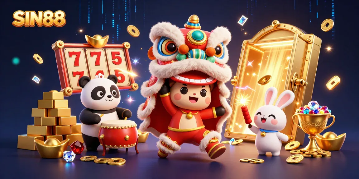 SIN88 slots scene featuring vibrant characters, drumming panda, and slot reels creating dynamic excitement.