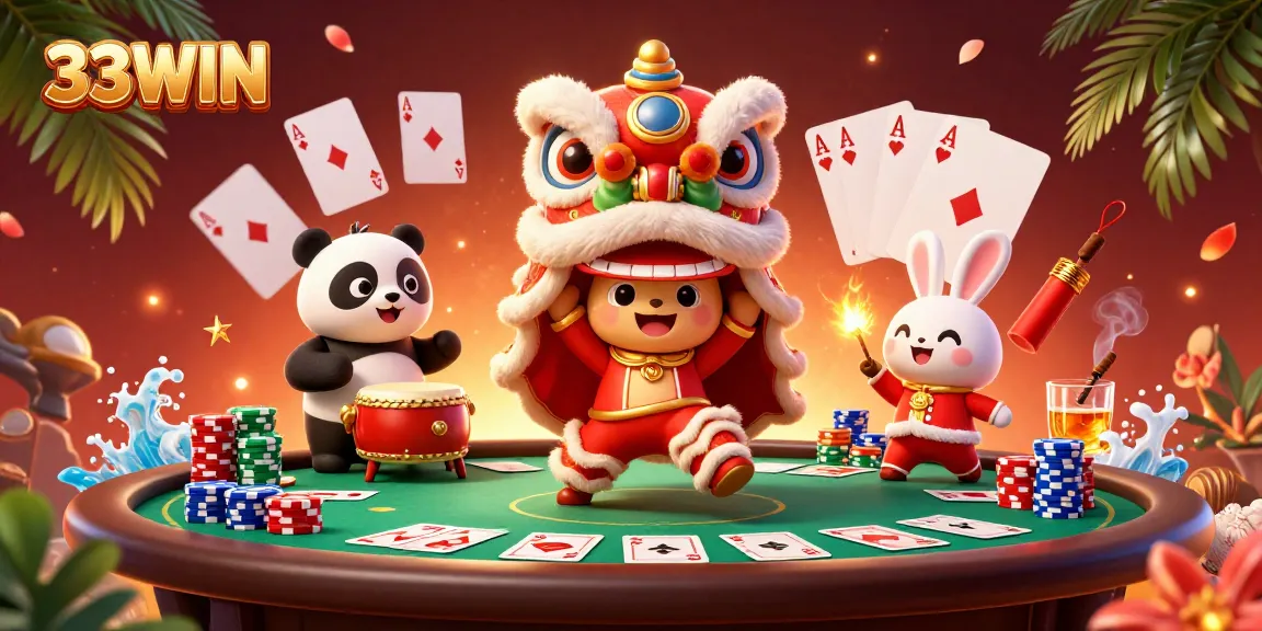 Engage with the vibrant action of 33WIN featuring a festive lion dance and poker excitement.