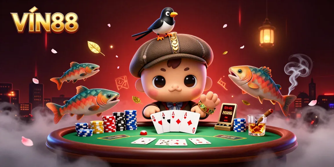 Win big with VIN88 in this vibrant casino scene featuring playful characters and poker elements.