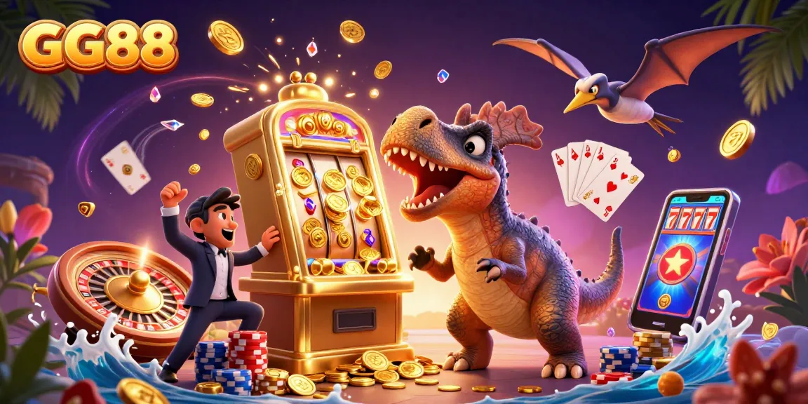 GG88 spinning slot machine attracts coins while a pteranodon swoops in to catch the jackpot