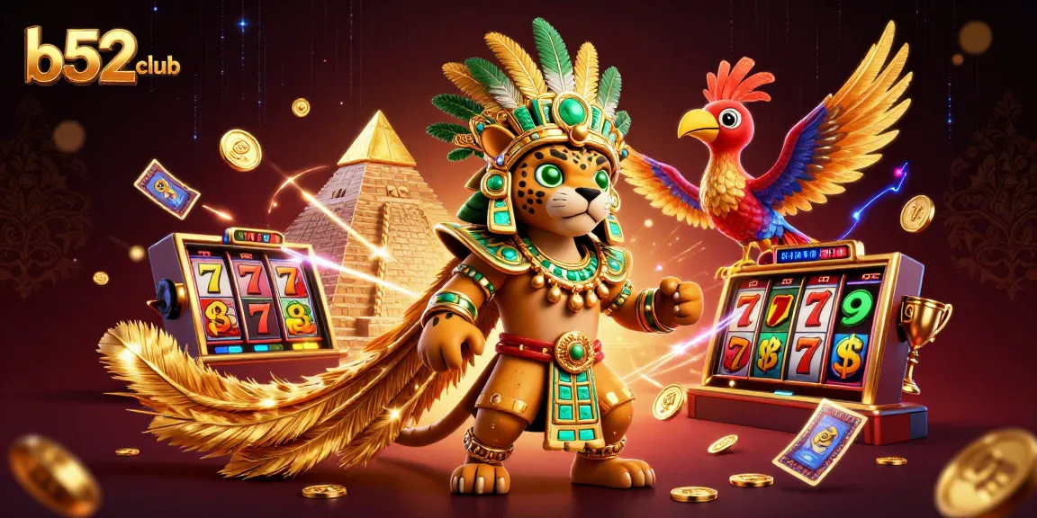 b52club players enjoy dynamic slot games alongside a Mayan jaguar priest, celebrating big wins.