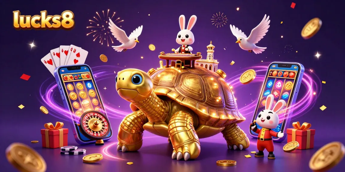 Experience lucks8 with vibrant 3D casino elements and golden tortoise character engaging in lively gambling action.