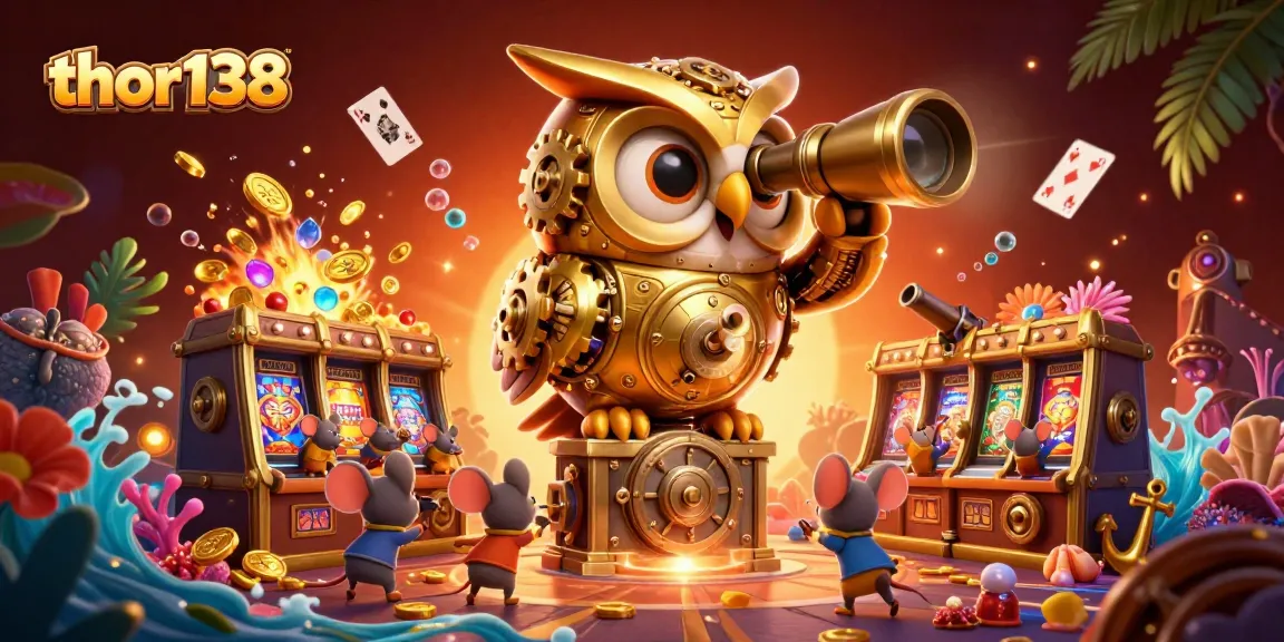 Menangkan permainan dengan thor138, ilustrasi 3D kasino ceria dan penuh harta judi.