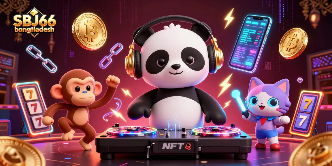 Engage with the vibrant SBJ66 bangladesh casino scene featuring a DJ panda and characters surrounded by dynamic gambling elements.