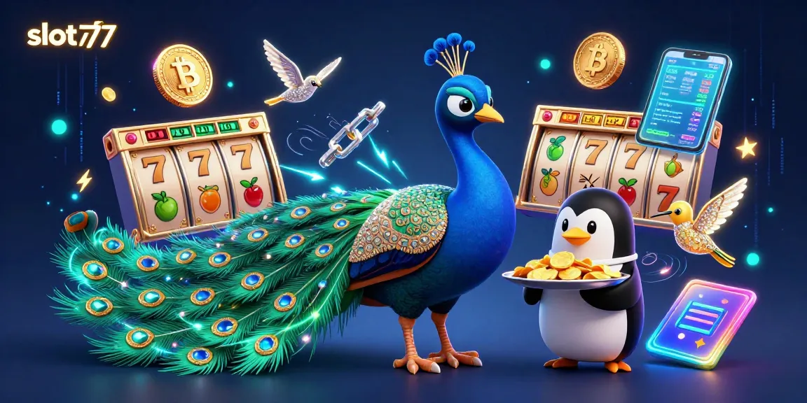 Engaging slot777 scene showcasing animated characters with jackpot symbols and cryptocurrency elements.