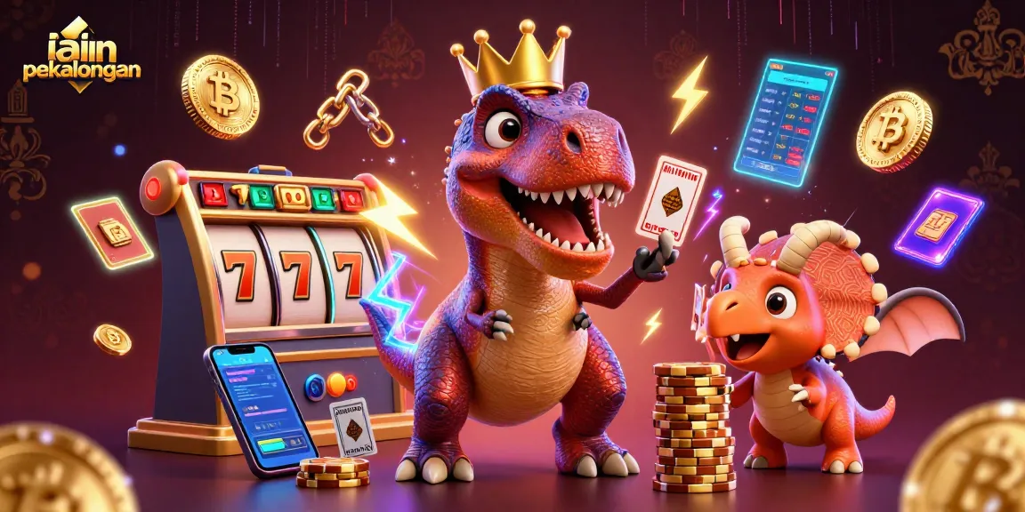 Engage with iain pekalongan as the friendly T-Rex shuffles cards surrounded by vibrant casino elements.